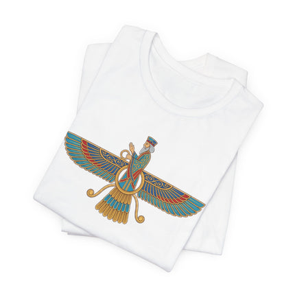 Faravahar winged symbol graphic tee featuring Zoroastrian Persian culture and ancient spiritual symbolism.