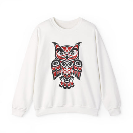 Pacific Northwest owl formline art graphic on a white unisex sweatshirt.