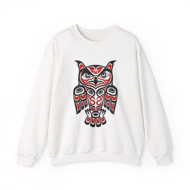 Pacific Northwest owl formline art graphic on a white unisex sweatshirt.