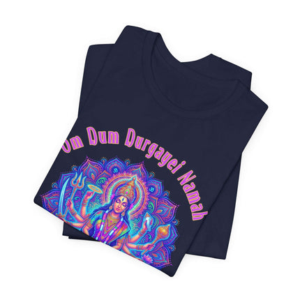 Vibrant Durga Goddess mandala art t-shirt with Om Dum Durgayei Namah mantra.