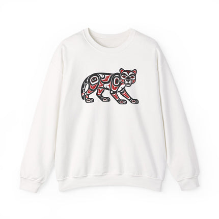 Northwest Coast cougar formline art graphic printed on an indigenous style pullover sweatshirt.