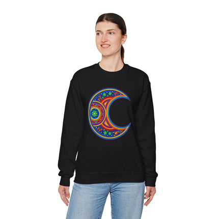 Vibrant mandala crescent moon graphic on a black pullover sweatshirt. Huichol celestial art.