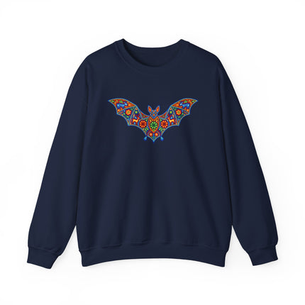 Vibrant Huichol folk art bat graphic on a navy pullover sweatshirt.