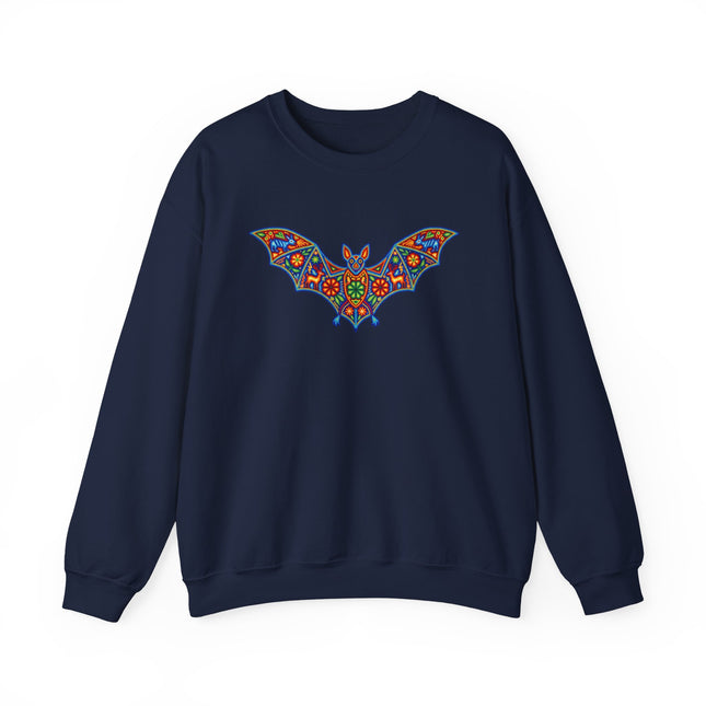 Vibrant Huichol folk art bat graphic on a navy pullover sweatshirt.