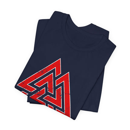 Red Valknut Viking symbol graphic tee shirt featuring Norse mythology design.