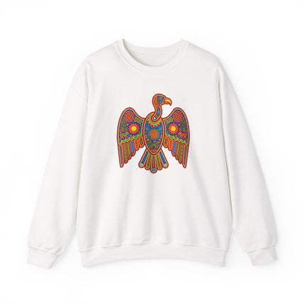 Colorful Huichol vulture art design on an indigenous Mexican pullover sweatshirt.