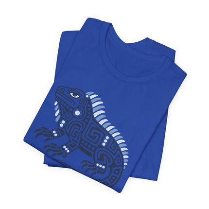 Mayan Iguana T-Shirt | Green Geometric Lizard with Striped Crest Tee