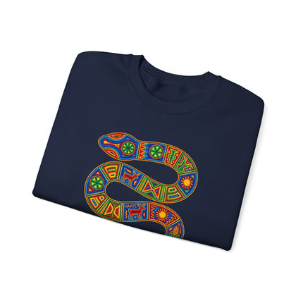 Vibrant Huichol geometric serpent art print on an indigenous pullover sweatshirt.