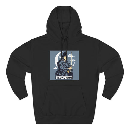 Tsukuyomi Japanese Moon God graphic featuring a samurai with a katana and crescent moon motif.
