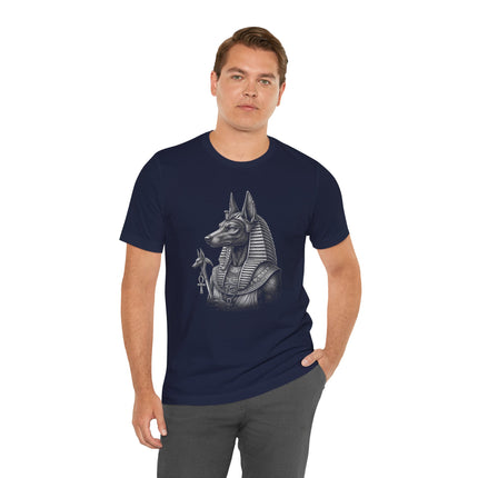 Anubis Egyptian jackal god illustration t-shirt. Mythology apparel featuring the deity.