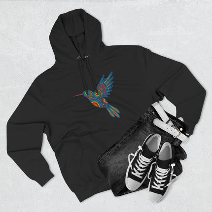 Vibrant Huichol hummingbird artwork printed on a black pullover hoodie.
