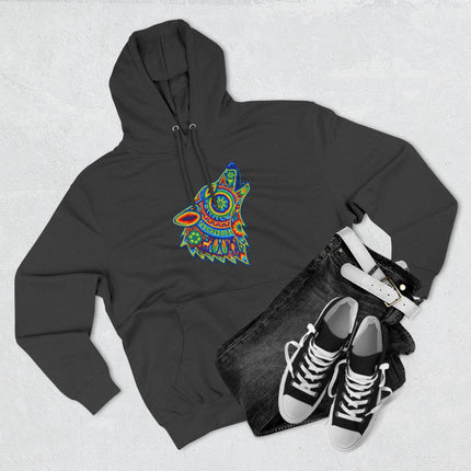 Huichol Wolf Howling Hoodie | Colorful Tribal Art Mexican Folk Pullover Hoodie