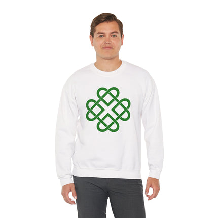 White sweatshirt featuring a green Celtic knot clover symbol.