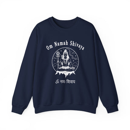 Om Namah Shivaya Lord Shiva meditating graphic on a spiritual Hindu sweatshirt.