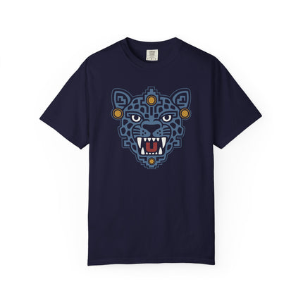 Aztec Jaguar Mask T-Shirt | Teal Feline Face with White Fang Details Tee