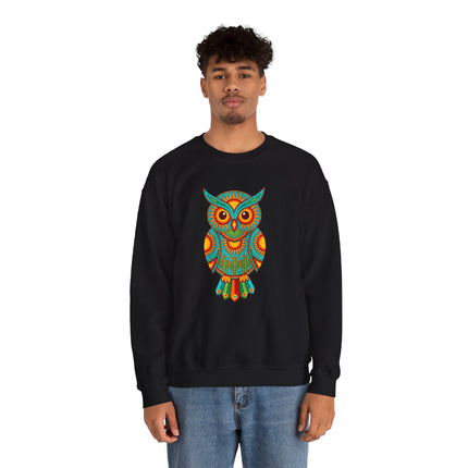 Vibrant Huichol owl graphic on black sweatshirt, featuring Mexican folk art and bohemian desert style.