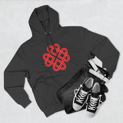 Red Celtic knot design on a black graphic pullover hoodie.