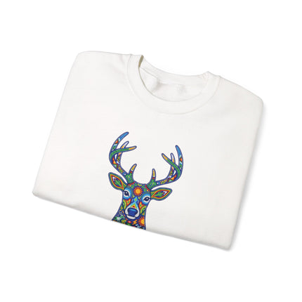 Geometric Huichol deer symbol sweatshirt featuring vibrant Mexican folk art geometric patterns.