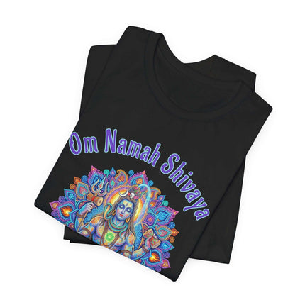 Om Namah Shivaya mantra on a black tee with colorful Lord Shiva mandala art.