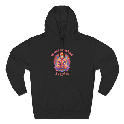 Hanuman mantra hoodie featuring Om Ham Hanumate Namah spiritual art print.