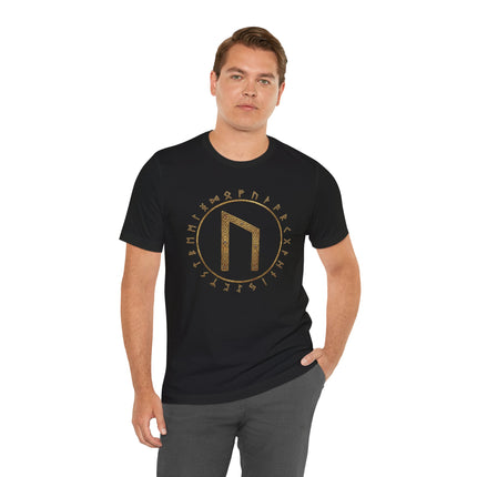 Norse Uruz rune and Elder Futhark alphabet gold print on black men's t-shirt.