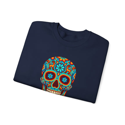 Colorful Huichol skull graphic on unisex Mexican folk art sweatshirt pullover.