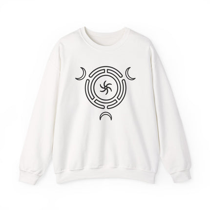 Goddess moon wheel symbol on white sweatshirt, pagan witchcraft apparel design.