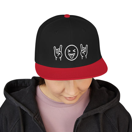 Black snapback hat with red brim and rock emoji graphic: rock sign, tongue out, rock sign.