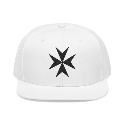 White snapback cap featuring a black embroidered Maltese Cross symbol.