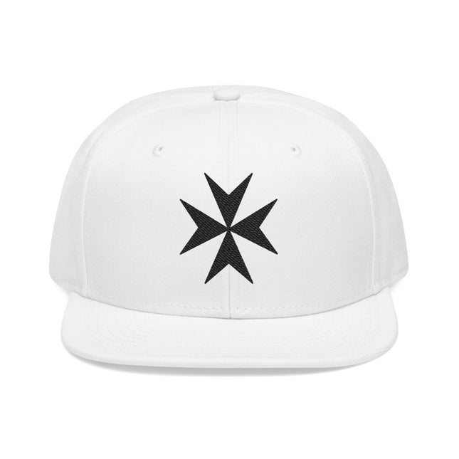 White snapback cap featuring a black embroidered Maltese Cross symbol.