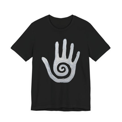 Native American Hopi healing hand t-shirt featuring a spiritual spiral symbol.