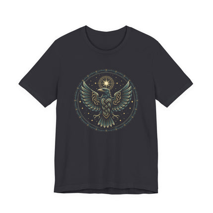 Norse raven graphic tee featuring Celtic knotwork and celestial circle design for mythology lovers.