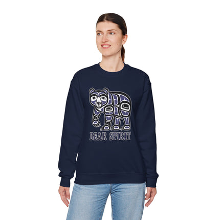 Tribal bear spirit graphic on a navy pullover sweatshirt featuring Indigenous art.