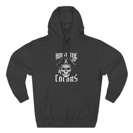 Hoist the Colors" pirate skull graphic hoodie featuring a tricorn hat design.