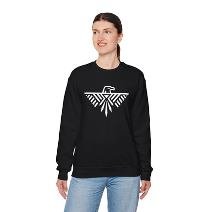 Black sweatshirt featuring a geometric thunderbird and eagle graphic design.
