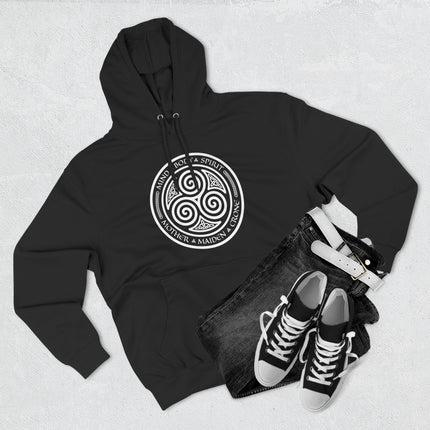 Celtic triskelion hoodie featuring the Mind Body Spirit Mother Maiden Crone goddess symbol.