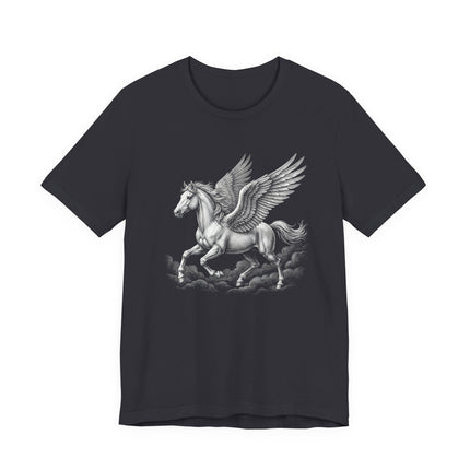 Pegasus winged horse illustration graphic on a black t-shirt.