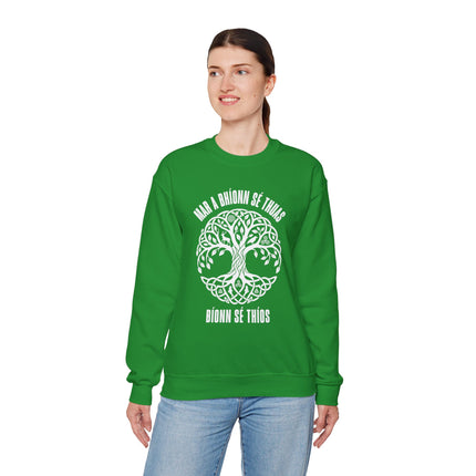 Celtic Tree of Life design on a green sweatshirt with Irish Gaelic text.