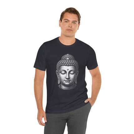 Grayscale Buddha head graphic tee featuring a serene, meditative illustration for spiritual apparel.