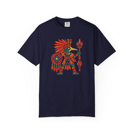 Aztec Hummingbird Warrior T-Shirt | Feathered Figure and Shield Art Tee