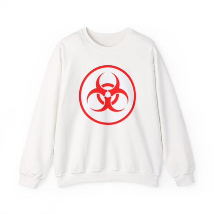 White sweatshirt featuring a bold red biohazard warning symbol graphic print.