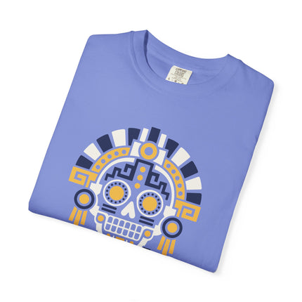 Aztec Mictlan Skull T-Shirt | Geometric Face in Green, Red, and Gold Tee