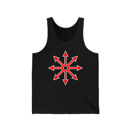 Red chaos star symbol graphic on a black tank top. Occult celestial design.