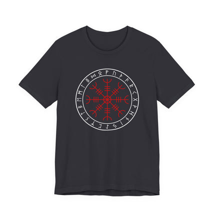 Black t-shirt with red Norse runes and Viking symbols, featuring the Aegishjalmur protective circle design.
