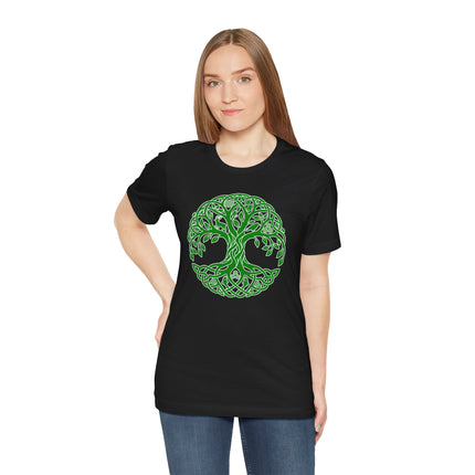 Green Celtic Tree of Life knotwork symbol on a black unisex t-shirt.