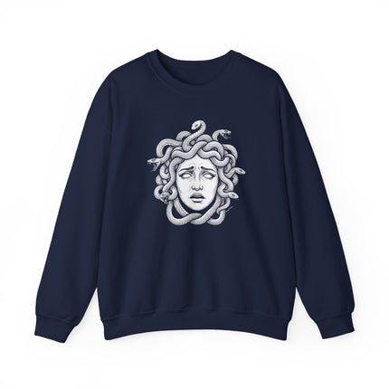 Distressed Medusa head graphic on a unisex sweatshirt, depicting snakes for hair.