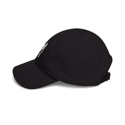 Black baseball cap with embroidered Sign of the Horns hand gesture.