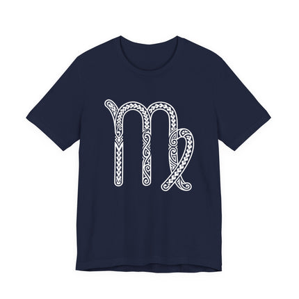 Navy t-shirt featuring a white tribal Virgo zodiac astrology symbol print.
