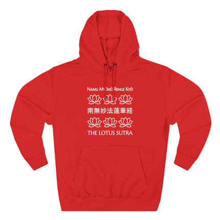 Red Buddhist hoodie featuring the Namu Myoho Renge Kyo mantra and The Lotus Sutra graphic.