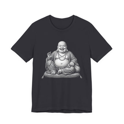 Laughing Buddha (Hotei) line art graphic design for a Zen Buddhism themed t-shirt.